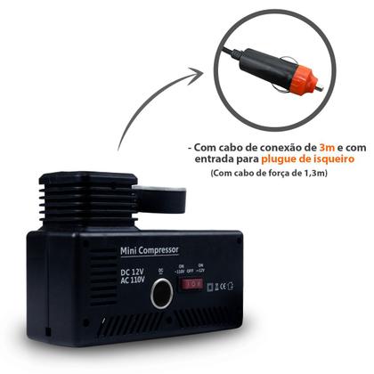 Imagem de Mini Compressor De Ar Automotivo Portátil P/ Encher Pneu 2 Em 1 300psi 12v E 110v 30l/min