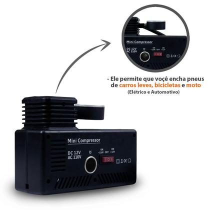Imagem de Mini Compressor De Ar Automotivo Portátil P/ Encher Pneu 2 Em 1 300psi 12v E 110v 30l/min