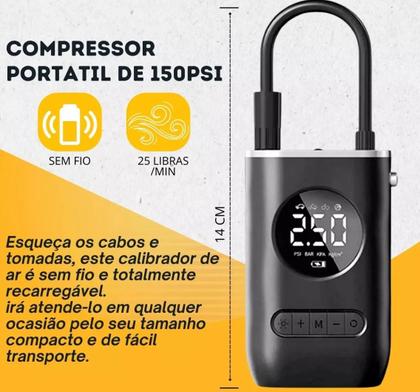 Imagem de Mini Compressor de Ar Digital Portátil Recarregável, Sem Fio e com Display Digital