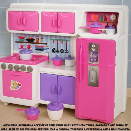 Imagem de Mini Cozinha Infantil Brinquedo Completa Fogão Geladeira Armário Utensílios Rosa