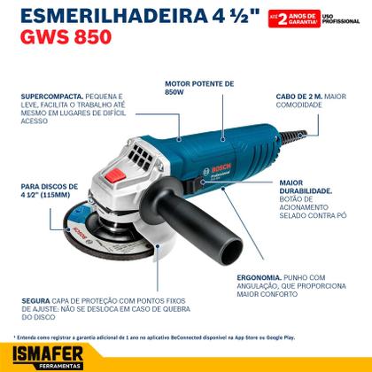 Imagem de Mini Esmerilhadeira Angular Bosch Professional Gws 850 Azul 850 W 127 V + Acessório