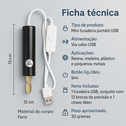 Imagem de Mini Ferramenta furadeira portátil usb aparelho para trabalhos de artesanatos kit com chave allen e brocas reposição