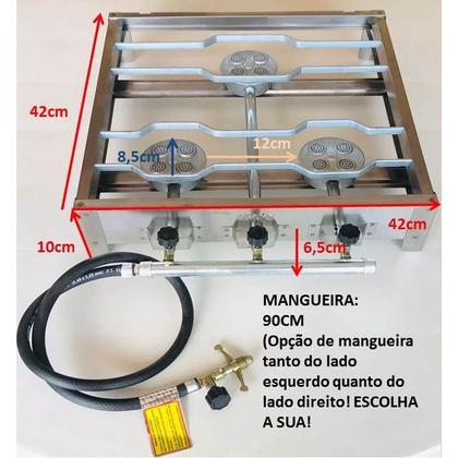 Imagem de Mini Fogareiro Fogão de 3 Três Bocas Estrutura em Inox Quadrado 42cm Camping Acampamento