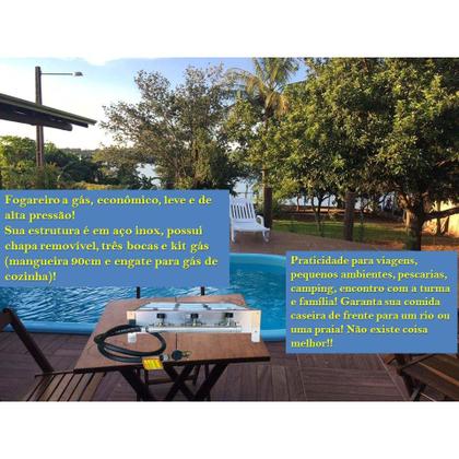 Imagem de Mini Fogareiro Fogão de 3 Três Bocas Estrutura em Inox Quadrado 42cm Camping Acampamento