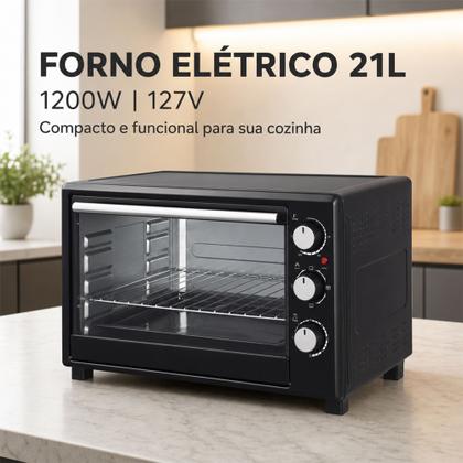 Imagem de Mini Forno Elétrico 21 Litros 1200W 110V Com Timer Grade Bandeja e Porta de Vidro