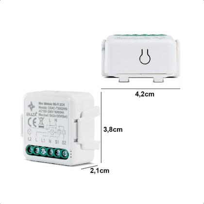Imagem de Mini Interruptor Relé Wi-Fi+Ble 2Canais Automação Tuya