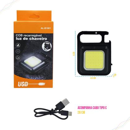 Imagem de Mini Lanterna COB Alto Brilho Chaveiro Mosquetão Recarregável com Imã - Kit 2 unidades