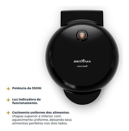 Imagem de Mini Máquina de Waffle BWM01A 550W com Chapas Antiaderentes Preta Britânia