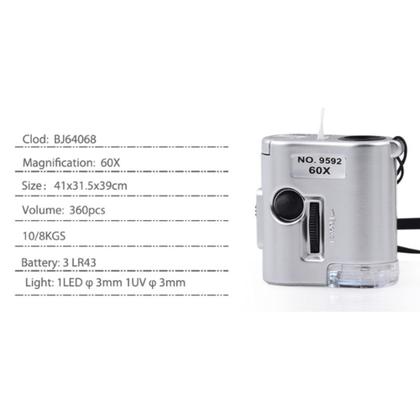Imagem de Mini microscopio lupa 60x bolso led e ultravioleta conta fios relojoeiro joalheiro com capa