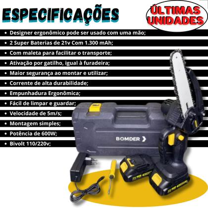 Imagem de Mini Motosserra Elétrica 2 Bateria Eletrossera Portátil Sem Fio 21v Bomder BOM910