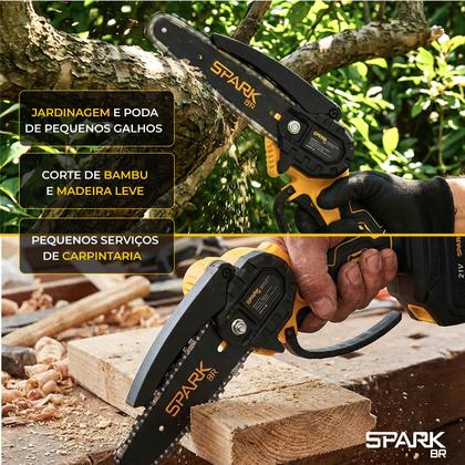 Imagem de Mini Motosserra Elétrica SparkBR 6 Recarregável 21V 2 Baterias Maleta Corrente Extra Lubrificação LED Indicador Trava Segurança Acessórios