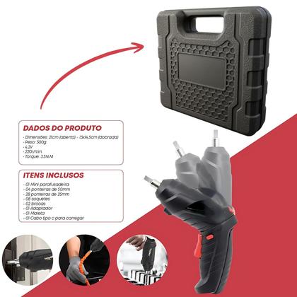 Imagem de Mini Parafusadeira Elétrica Recarregável 4.2V com LED  Kit 45 Itens + Maleta