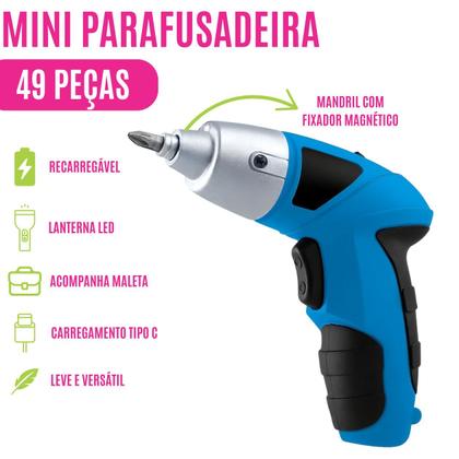 Imagem de Mini Parafusadeira Elétrica Recarregável C/ 49 Peças Maleta Kit Completo Led Carregamento Tipo C Portátil Ferramenta