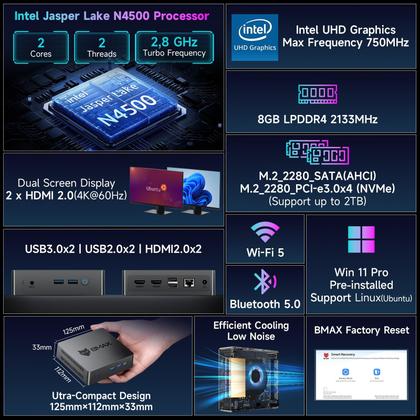 Mini PC Bmax B3 Pro Intel N4500 8GB RAM 256GB SSD 4K Duplo - Mini