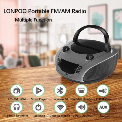 Imagem de Mini Player de CD Portátil LONPOO com Bluetooth e USB - Design Moderno