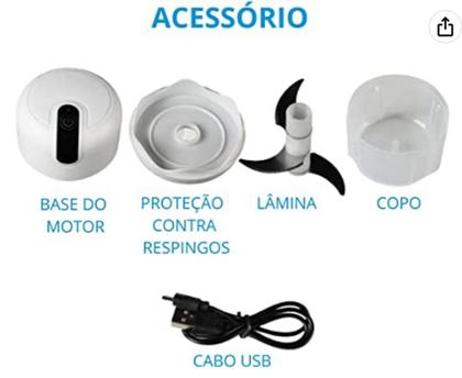 Imagem de Mini Processador Elétrico de Alimentos Portátil com 3 lâminas de aço inox USB 250 ml Bivolt