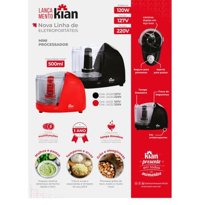Imagem de Mini Processador Kian MPR-100 Cinza 120W 500ml Lâminas Duplas em Aço Inox e Tampa Dosadora 220V