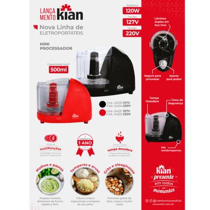 Imagem de Mini Processador Kian MPR-100 Preto 120W 500ml Lâminas Duplas em Aço Inox e Tampa Dosadora 220V