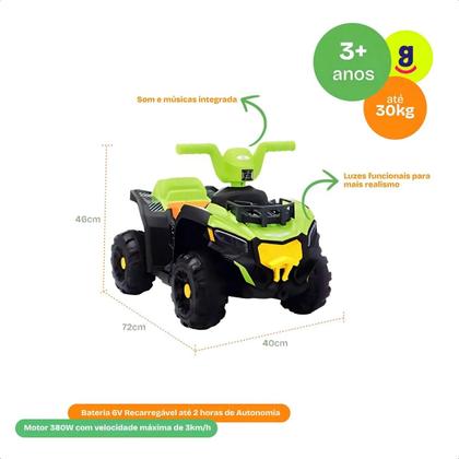 Imagem de Mini Quadriciclo Elétrico Infantil 6V Verde Bivolt com Som e Luz Bateria Recarregável