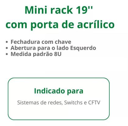 Imagem de Mini Rack Parede Servidor 8u Padrão 19 E Bandeja 250mm
