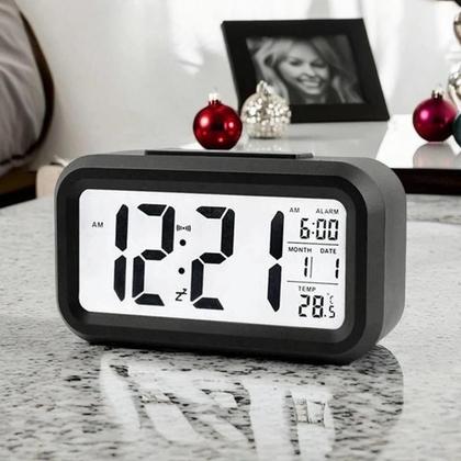 Imagem de Mini Relógio Digital Preto Data Mês Acorda Horas Som Horas Pequeno Branco Led Temperatura Alarme
