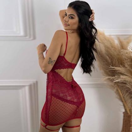 Imagem de Mini Saia Sexy Renda Lingerie Feminina Cinta Liga Completa