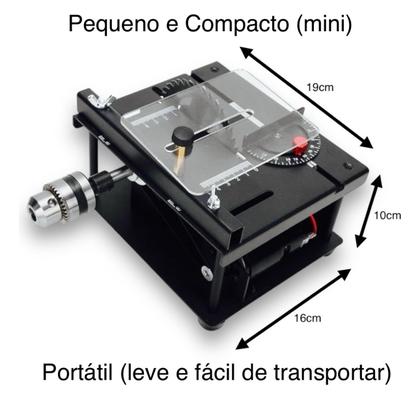 Imagem de Mini Serra Bancada Bivolt Hobby Multifun Turbo, Mandril, Disco de Lixa, Transferidor p/ corte angular, Ajuste Velocidade