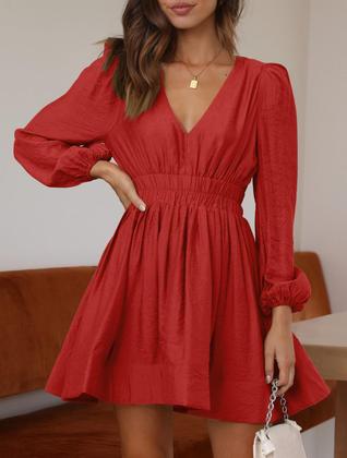 Imagem de Mini vestido BWQ de manga comprida Deep V A-line Elástico Vermelho Coral M