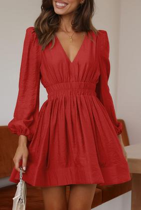 Imagem de Mini vestido BWQ de manga comprida Deep V A-line Elástico Vermelho Coral M