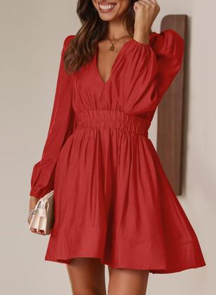 Imagem de Mini vestido BWQ de manga comprida Deep V A-line Elástico Vermelho Coral M