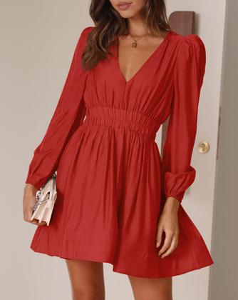 Imagem de Mini vestido BWQ de manga comprida Deep V A-line Elástico Vermelho Coral M