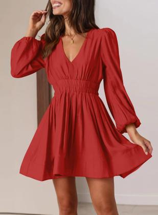 Imagem de Mini vestido BWQ de manga comprida Deep V A-line Elástico Vermelho Coral M