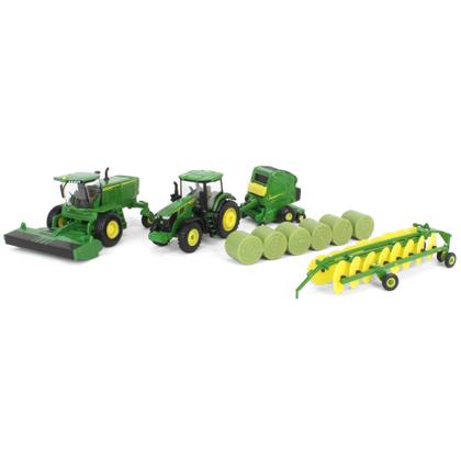 Imagem de Miniatura Trator John Deere 7R 250 Ertl Kit Fenação 164 W235R Enfardadeira Ancinho 6 Fardos