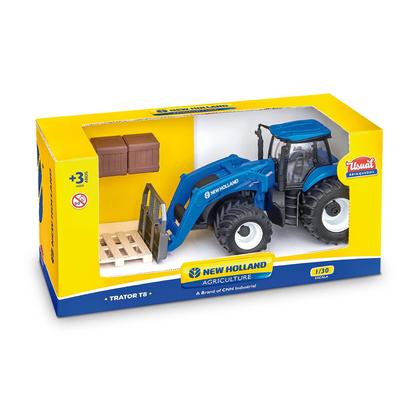 Imagem de Miniatura Trator New Holland T8 Empilhadeira Com Pneus Emborrachados 1/30 Usual Brinquedos