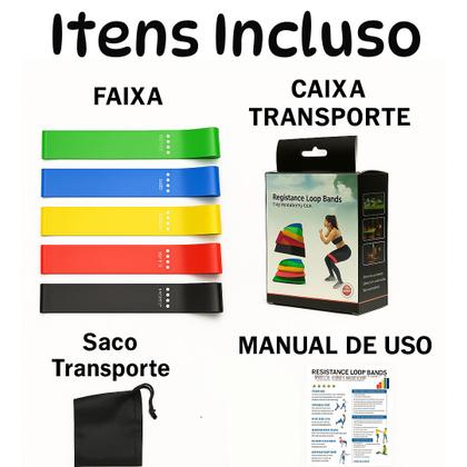 Imagem de MiniBand Kit 5 Faixa Elástica Niveis Diferentes Treino Exercícios Yoga Fisioterapia Pilates Academia Força Resistencia