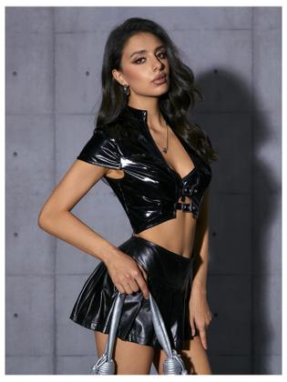 Imagem de Minissaia SOLY HUX Y2k PU Leather A Line preta para mulheres