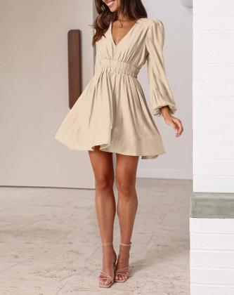 Imagem de Minivestido BWQ de manga comprida Deep V A-line A-line Apricot XXL feminino