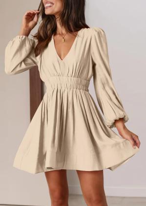 Imagem de Minivestido BWQ de manga comprida Deep V A-line A-line Apricot XXL feminino