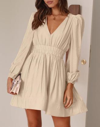 Imagem de Minivestido BWQ de manga comprida Deep V A-line A-line Apricot XXL feminino