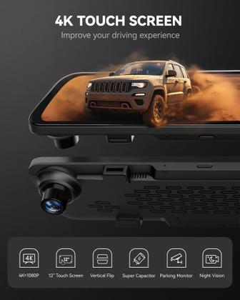 Imagem de Mirror Dash Cam WOLFBOX G840S 12 4K com cabo traseiro de 10 m