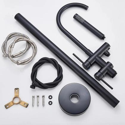 Imagem de Misturador De Piso Para Banheira Imersão Preto Fosco Elegante Black Luxo Moderna Aço Inoxidável Duchinha Alta Monocomando Quente e Frio