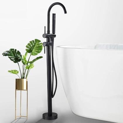 Imagem de Misturador De Piso Para Banheira Imersão Preto Fosco Elegante Black Luxo Moderna Aço Inoxidável Duchinha Alta Monocomando Quente e Frio