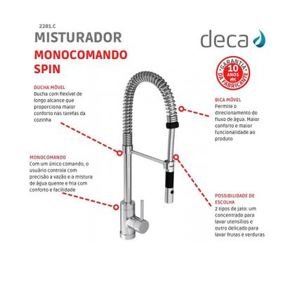 Imagem de Misturador Monocomando para Cozinha de Mesa Spin com Ducha 2281 Cromado Deca