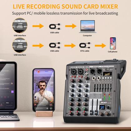 Imagem de Mixer de Áudio TKLBLS de 4 Canais com DSP de 99 bits, EQ de 7 Bandas e MP3