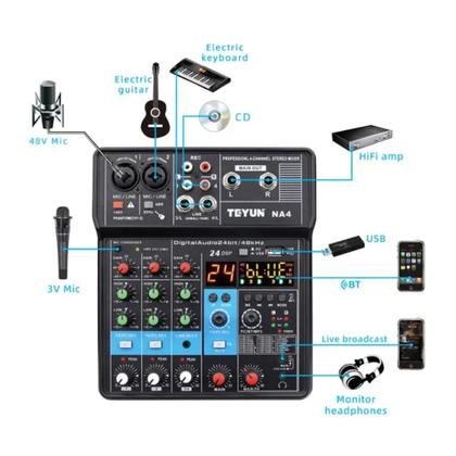 Imagem de Mixer Mesa De Som Áudio Interface 4 Canais Placa De Som 24 Efeitos 48V Profissional Teyun NA4