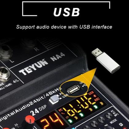 Imagem de Mixer Mesa De Som Áudio Interface 4 Canais Placa De Som 24 Efeitos 48V Profissional Teyun NA4