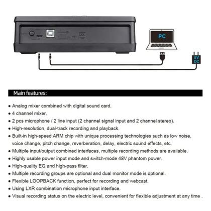 Imagem de Mixer Mesa De Som Áudio Interface 4 Canais Placa De Som 24 Efeitos 48V Profissional Teyun NA4