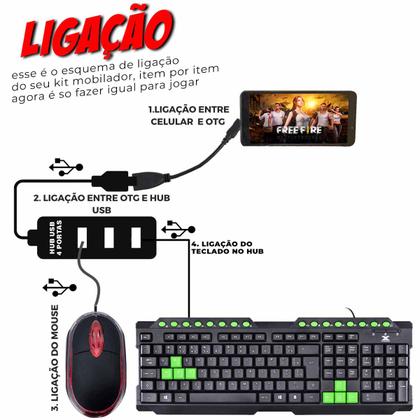 Imagem de Mobilador Completo Para Celular E Tablet Jogar Free Fire Kit Teclado Mouse Hub OTG
