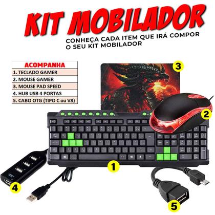Imagem de Mobilador Completo Para Celular E Tablet Jogar Free Fire Kit Teclado Mouse Hub OTG