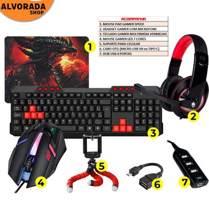 Imagem de Mobilador Gamer Completo Com Headset Teclado Multimídia Mouse Gamer Led e Pad Speed